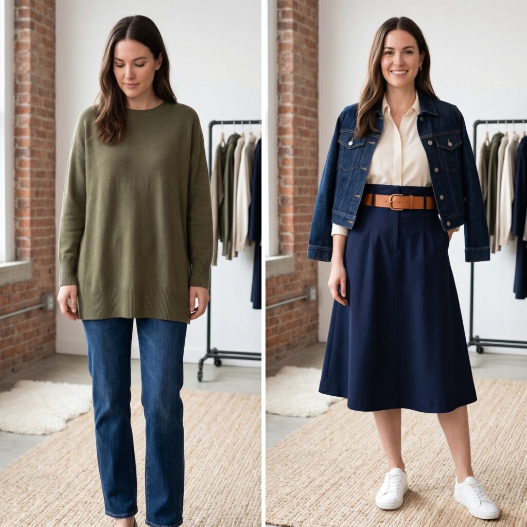 Before and after styling for rectangle body type showing how adding a belt transforms a loose outfit into a balanced, defined silhouette