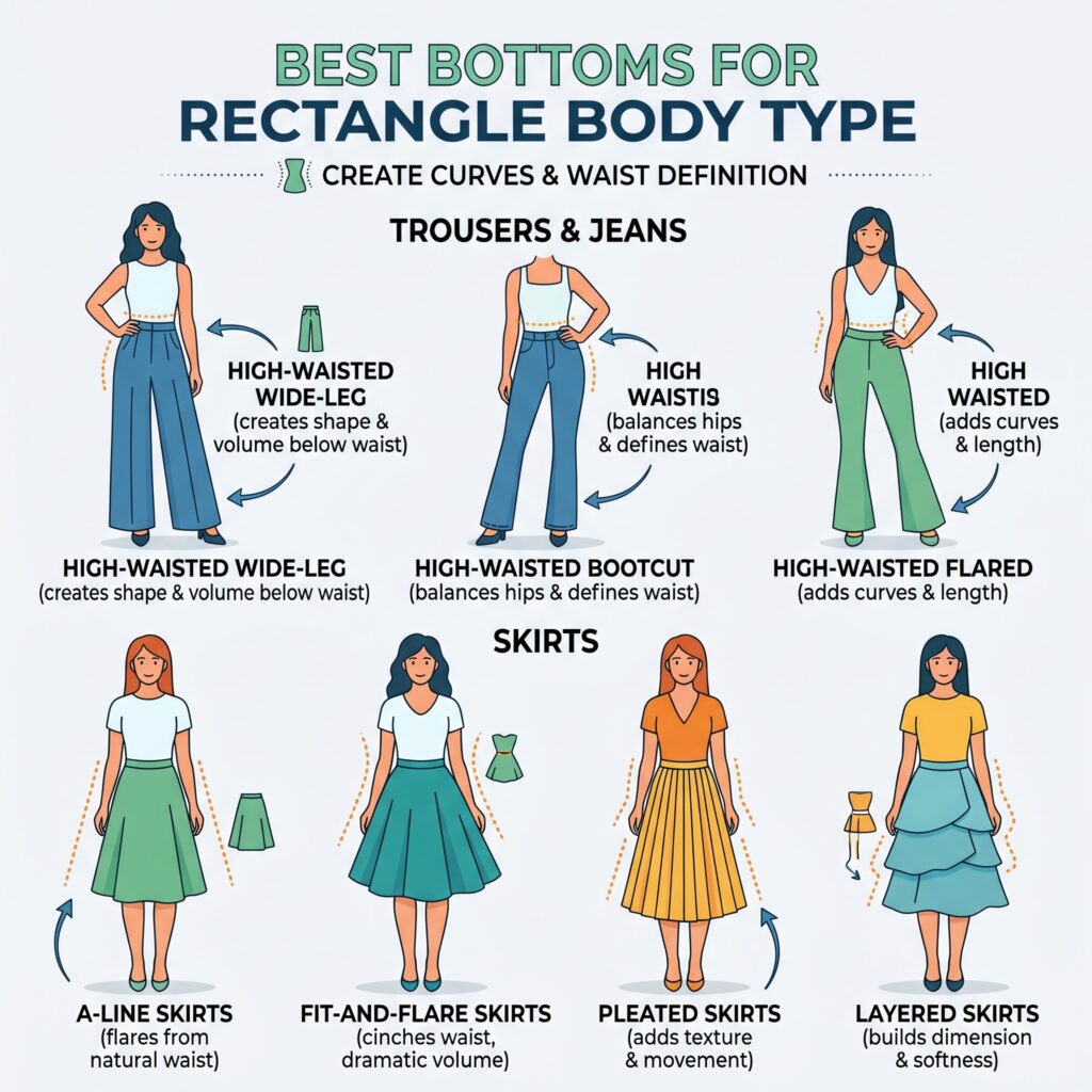Best Bottoms for Rectangle Body Type Featuring high-waisted wide leg, bootcut, flared, A-line skirts, fit and flare skirts, pleated skirts, layered skirts