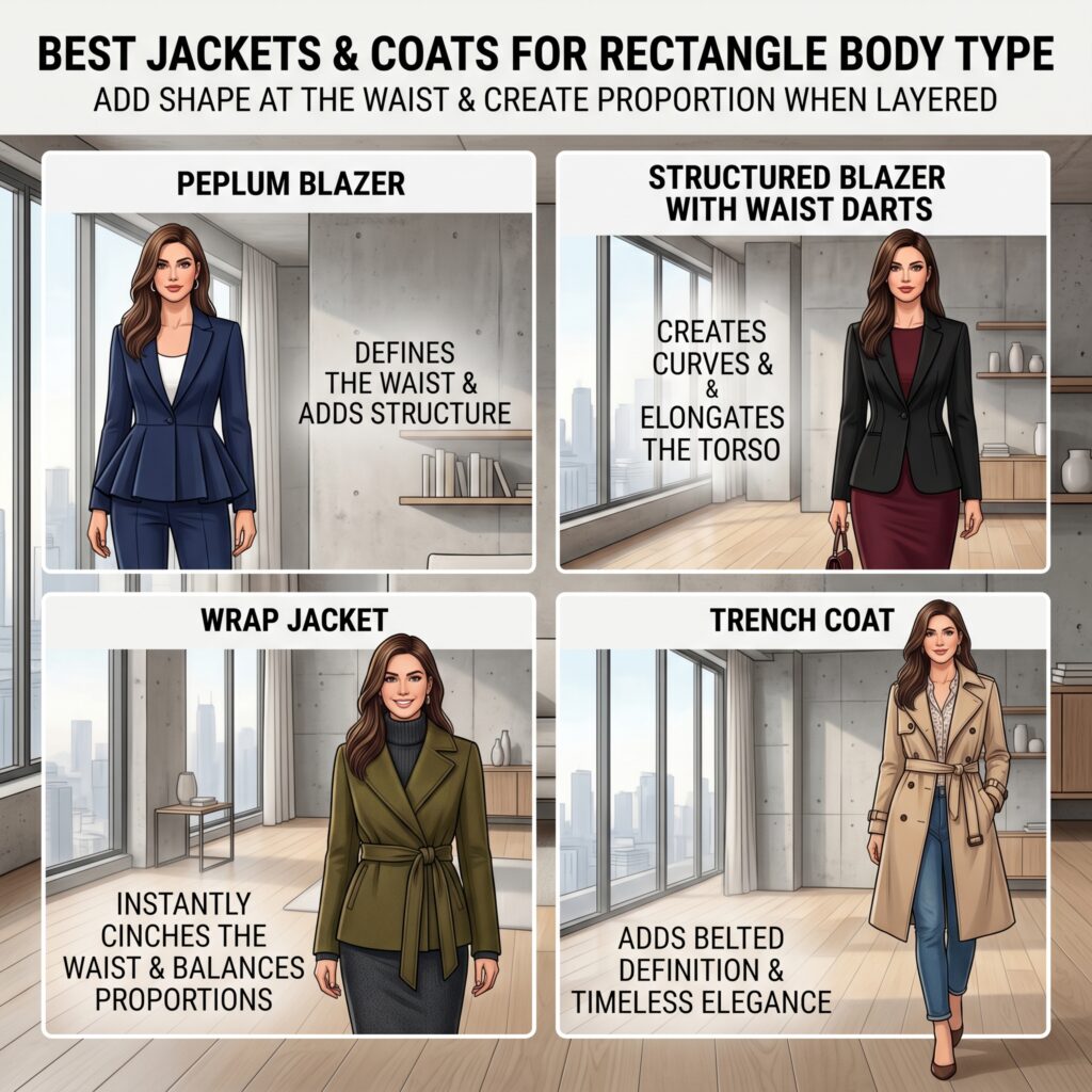 Best jackets and coats for rectangle body type including peplum blazer, structured blazer, wrap jacket and trench coat with waist definition