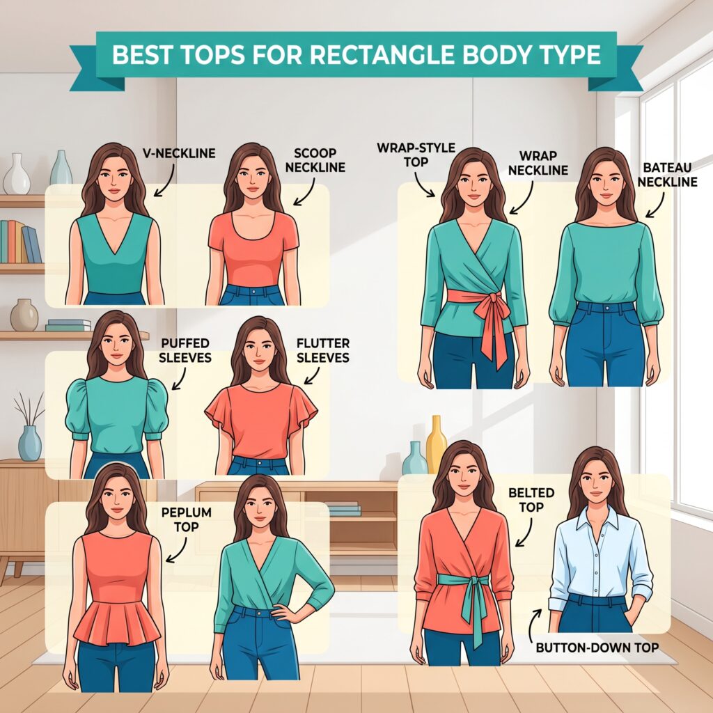 Best Tops for Rectangle Body Type featuring V-neckline, scoop neckline, Wrap-style top, Bateau neckline,puffed sleeves, flutter sleeves, peplum top, belted top, button-down top