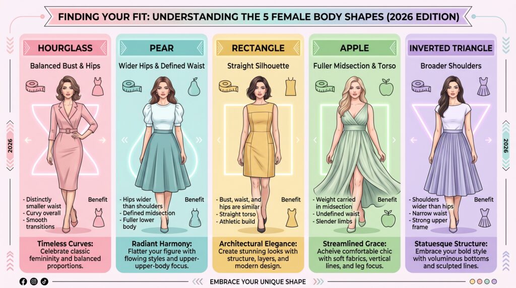 2026 edition infographic comparing the 5 female body shapes from the Body Type Calculator – hourglass, pear, rectangle, apple and inverted triangle