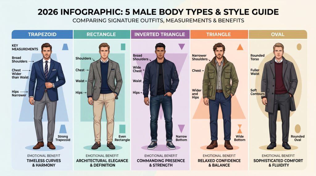 2026 edition infographic comparing the 5 male body shapes from the Body Type Calculator – Trapezoid, Rectangle, Inverted Triangle, Triangle, Oval