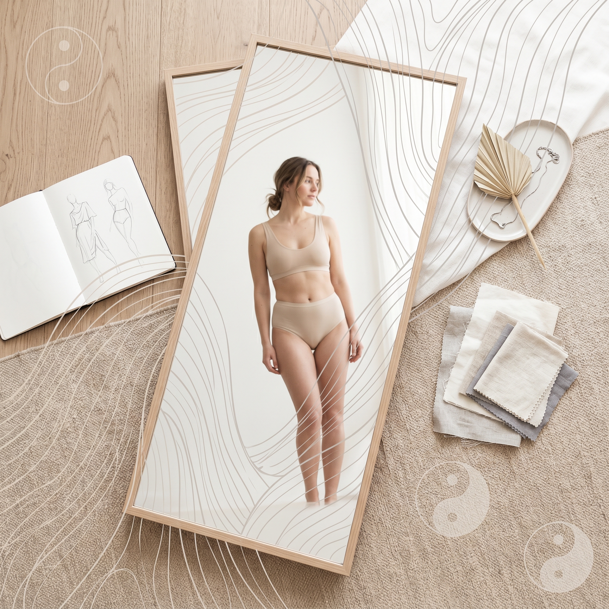 Woman in underwear standing in front of a full-length mirror with yin-yang symbols and natural body lines overlay for the Kibbe body type test
