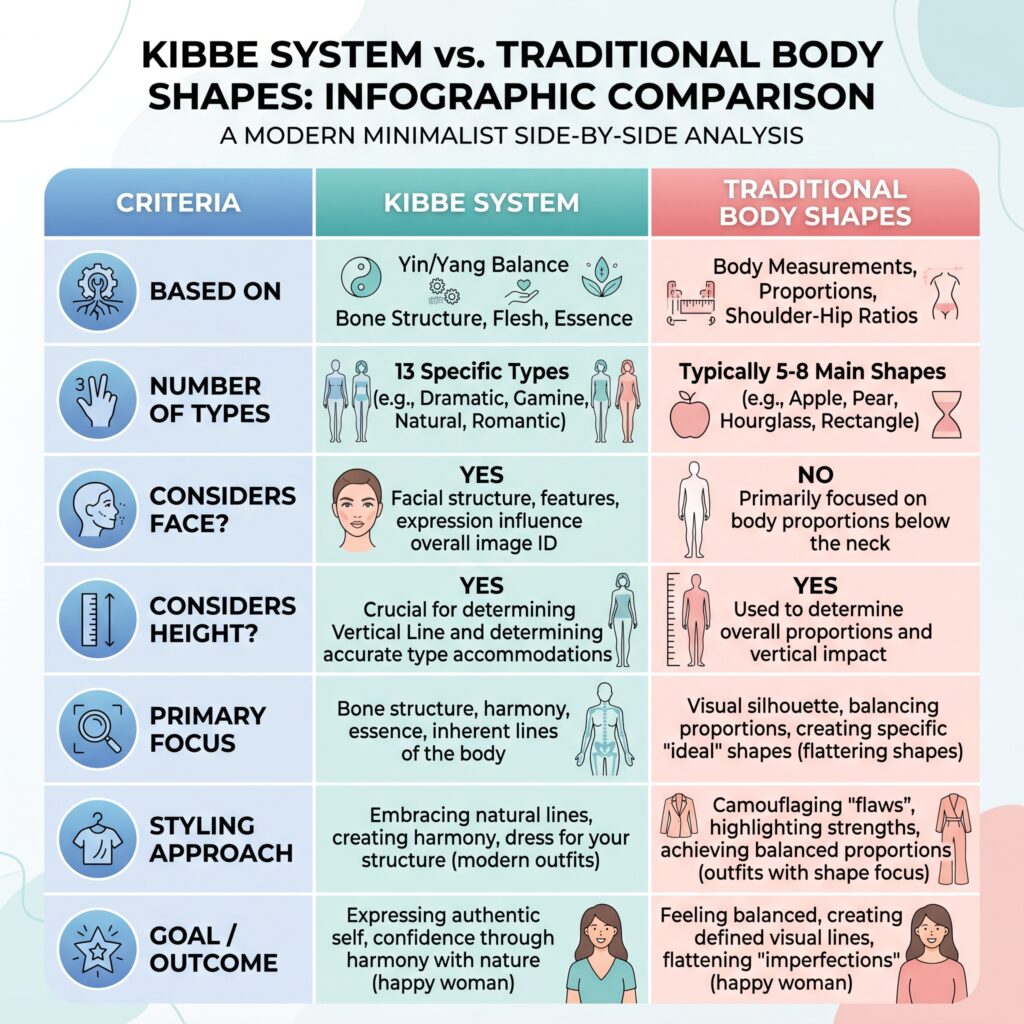 Kibbe Body Type Test: Find Your Image Identity 5 Comparison table showing key differences between the Kibbe body type system and traditional body shape calculators