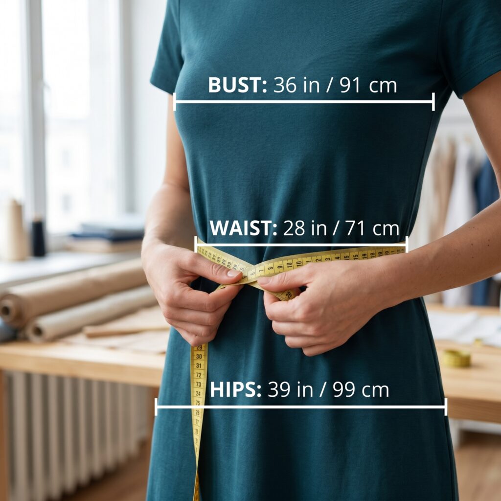 Close-up of soft measuring tape on bust, waist and hips for accurate 2026 Body Type Calculator results
