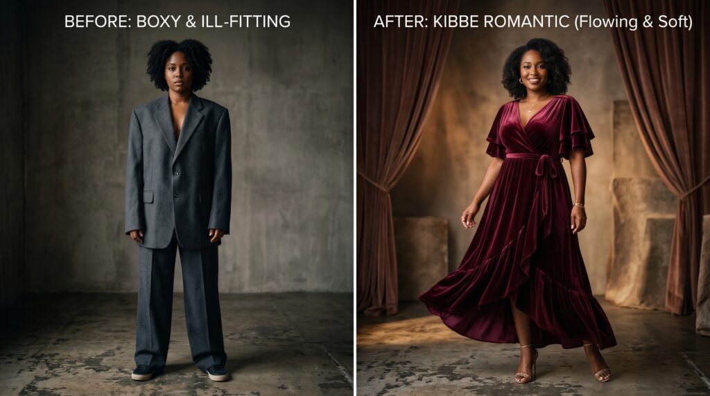 Before and after Kibbe transformation using the 2026 Body Type Calculator – boxy ill-fitting outfit vs flowing Kibbe Romantic style