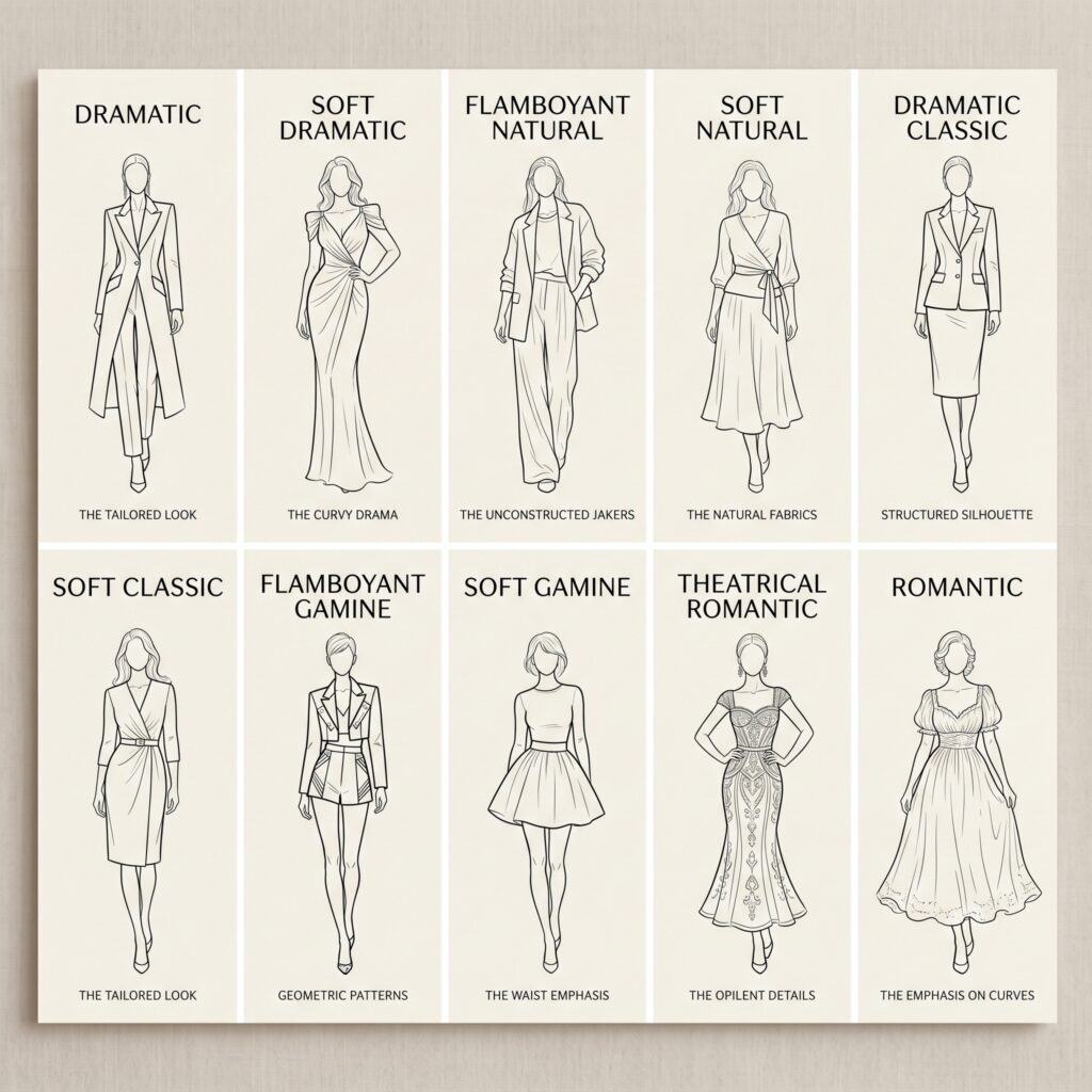 Kibbe Body Type Test: Find Your Image Identity 3 Gallery of 10 Kibbe body type silhouettes showing characteristic clothing lines for Dramatic, Soft Dramatic, Natural, Classic, Gamine, and Romantic families