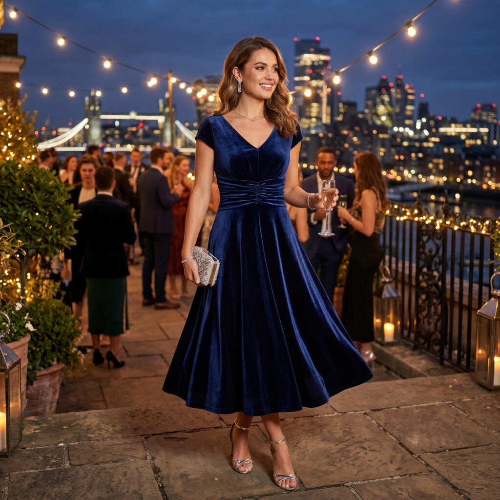 Evening party outfit for rectangle body type featuring a flattering fit-and-flare midi dress that adds elegant volume and waist definition