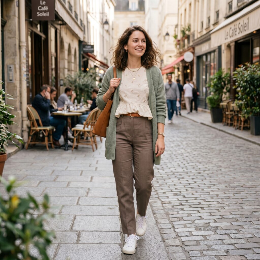 Everyday look for rectangle bodt type featuring High-waisted trousers, peplum blouse,lightweight cardigan