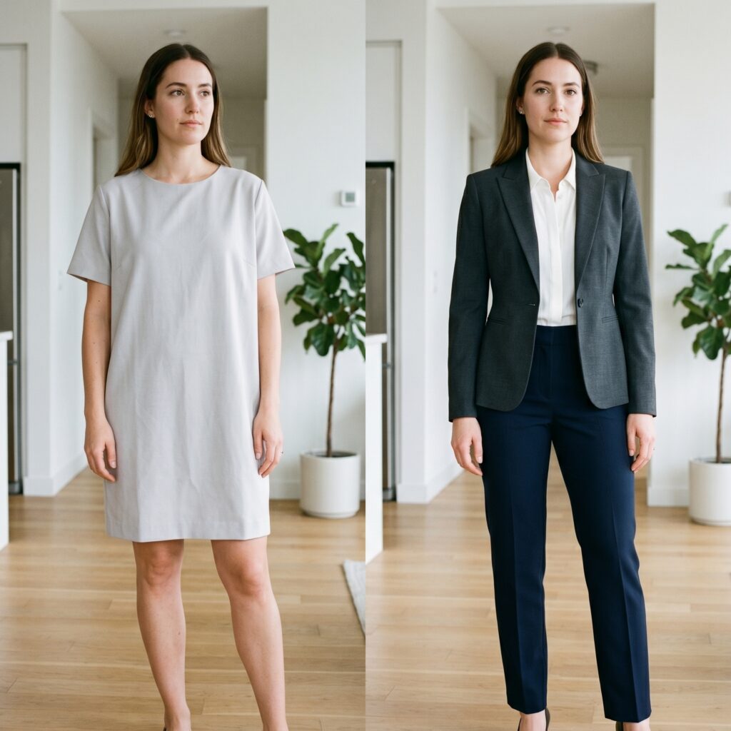 Before and after rectangle body type transformation comparing boxy shift dress versus tailored blazer and trousers with proper fit