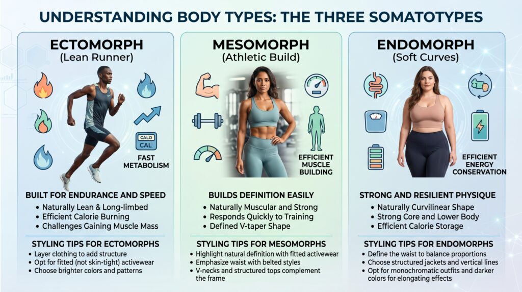 2026 Body Type Calculator somatotype infographic explaining ectomorph, mesomorph and endomorph body types with styling tips