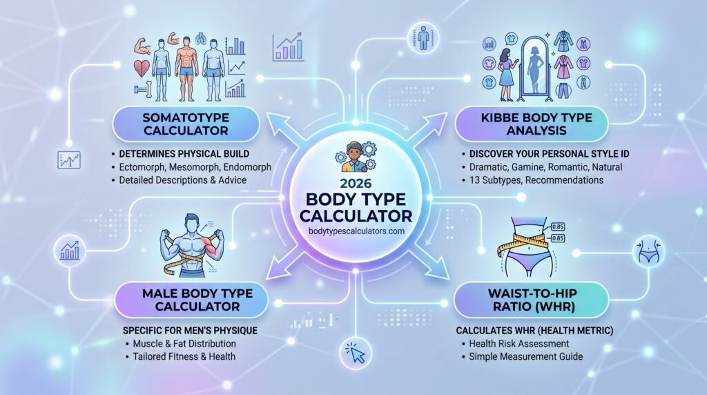 2026 Body Type Calculator ecosystem mind map connecting the main body type calculator to somatotype calculator, Kibbe body type calculator, male body type calculator, and waist-to-hip ratio calculator on bodytypescalculators.com