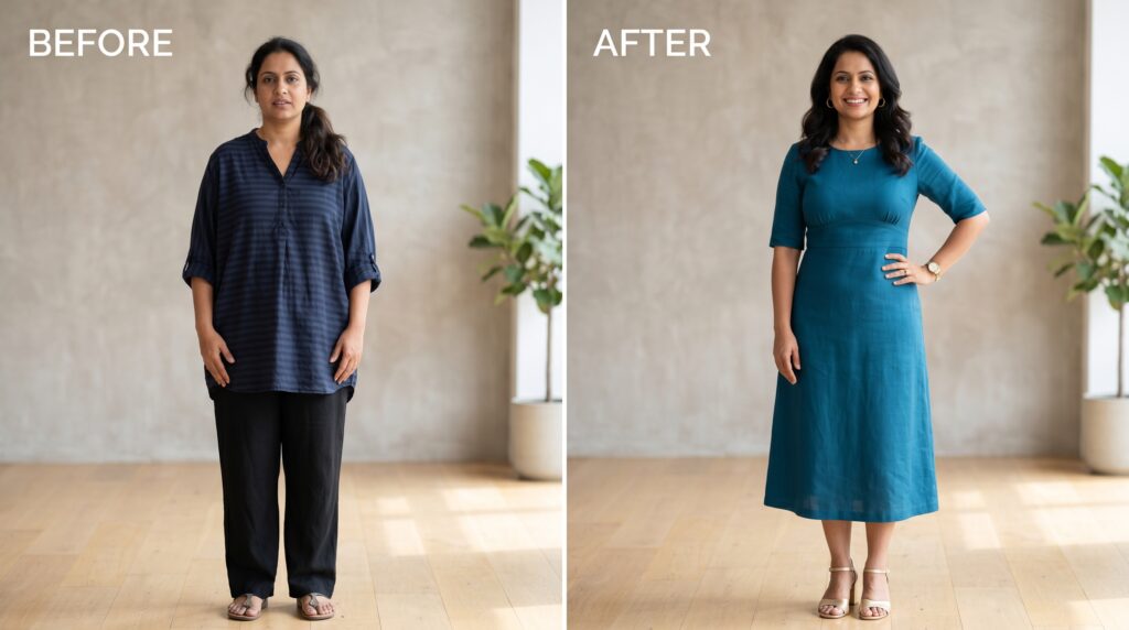 Realistic before and after transformation using the 2026 Body Type Calculator – apple body shape woman in ill-fitting clothes vs perfectly styled signature look