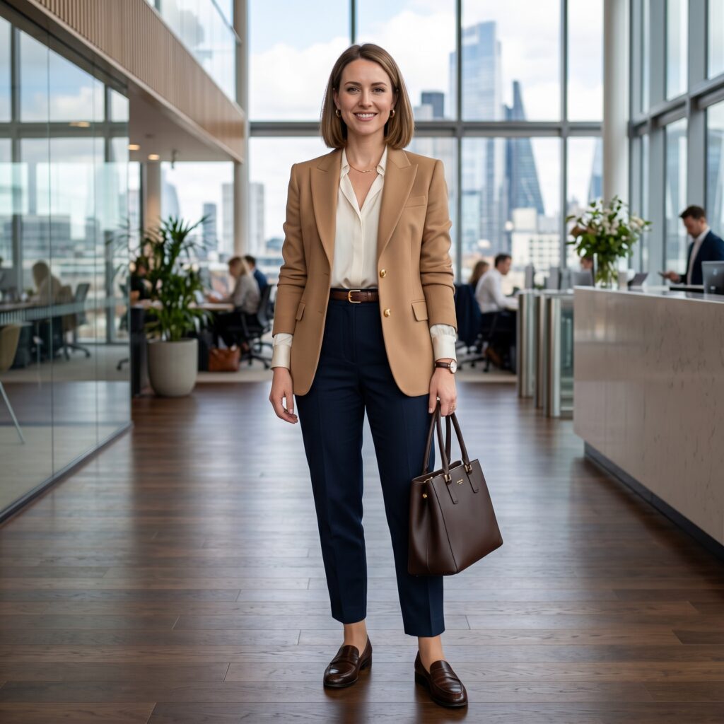 Sophisticated office look for rectangle body type with tailored blazer, high-waisted trousers and belt creating balanced professional style