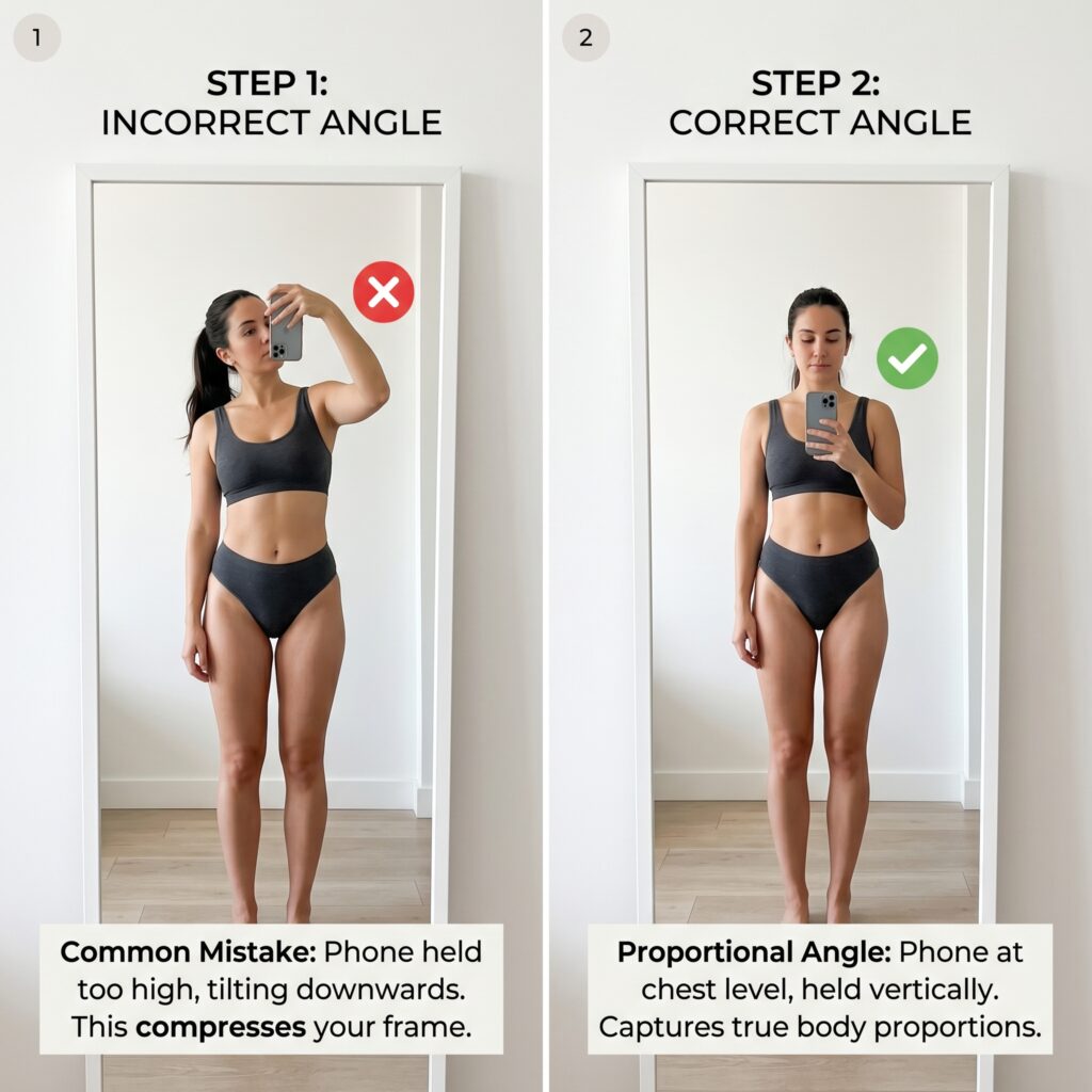 Kibbe Body Type Test: Find Your Image Identity 4 Step-by-step guide showing correct versus incorrect full-length mirror photo angles for taking the accurate Kibbe body type test