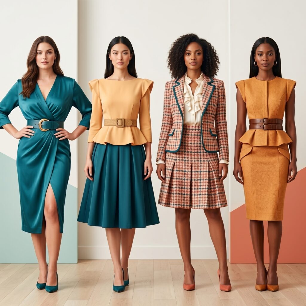 Rectangle body type styling examples with wrap dress, peplum top, structured blazer and belted outfit showing balanced proportions