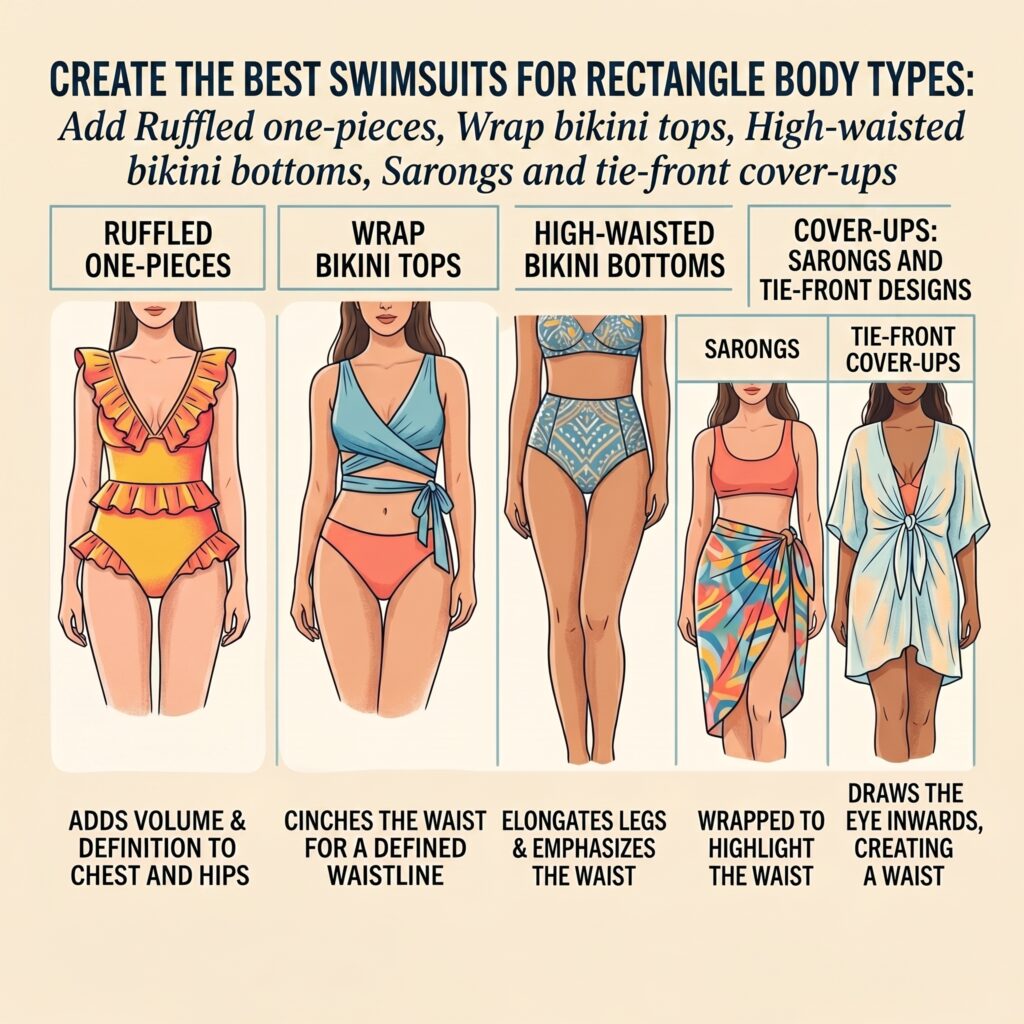 Best Swimsuits for Rectangle Body Types featuring Ruffled one-pieces, wrap bikini tops, high waisted bikin bottoms, cover-ups sarongs and tie-front designs
