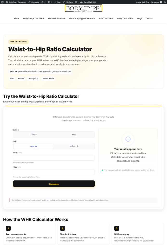 Waist-to-Hip Ratio Calculator interface from the 2026 Body Type Calculator website showing instant WHR calculation with health category results
