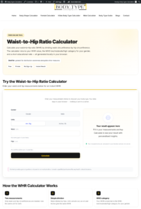 Waist-to-Hip Ratio Calculator interface from the 2026 Body Type Calculator website showing instant WHR calculation with health category results