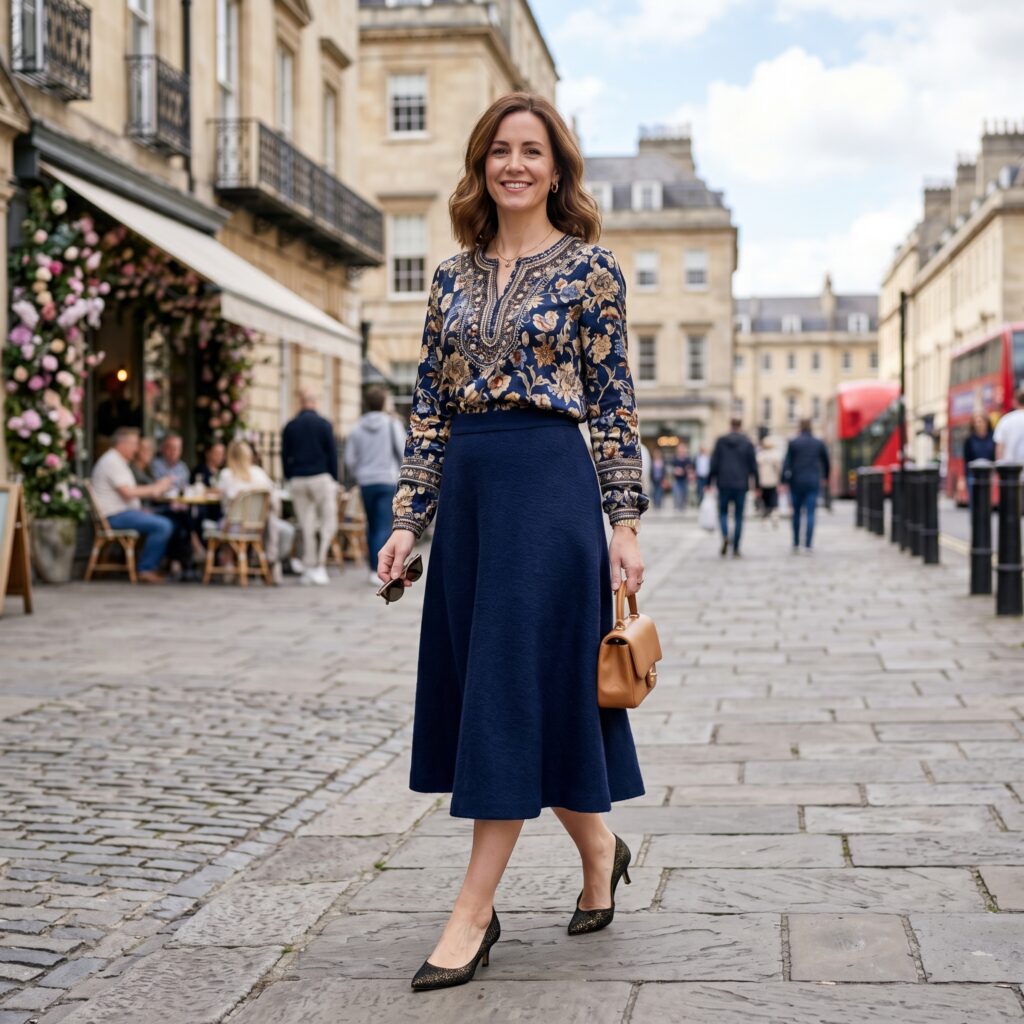 A-line midi skirt + embellished or patterned top + kitten heels.
