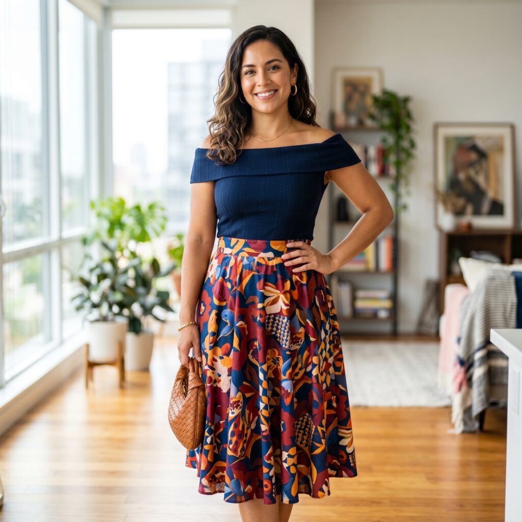 
Confident pear-shaped woman wearing off-shoulder top and A-line skirt smiling at camera, pear body shape fashion guide cover