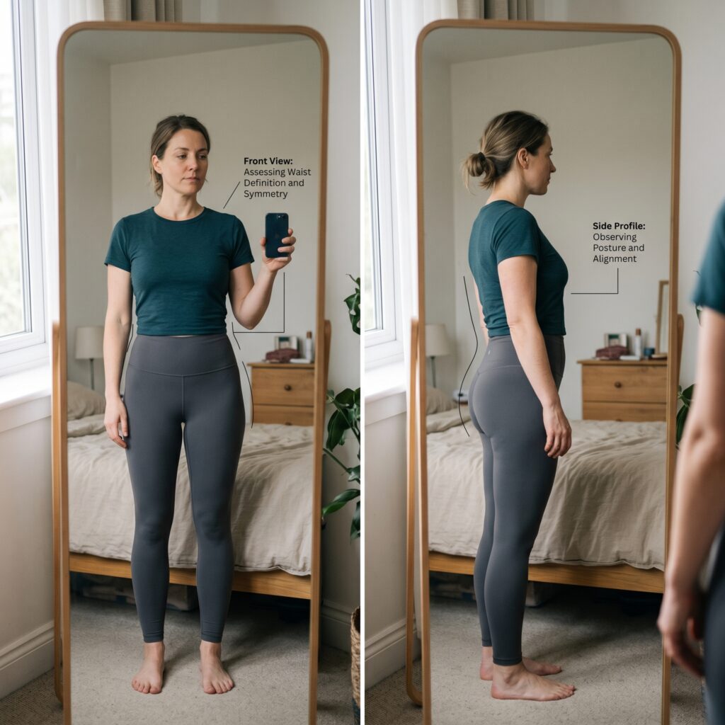 Woman standing in front of a full-length mirror in fitted clothing, calmly observing her body outline from the front and side to identify her natural proportions and body shape characteristics.