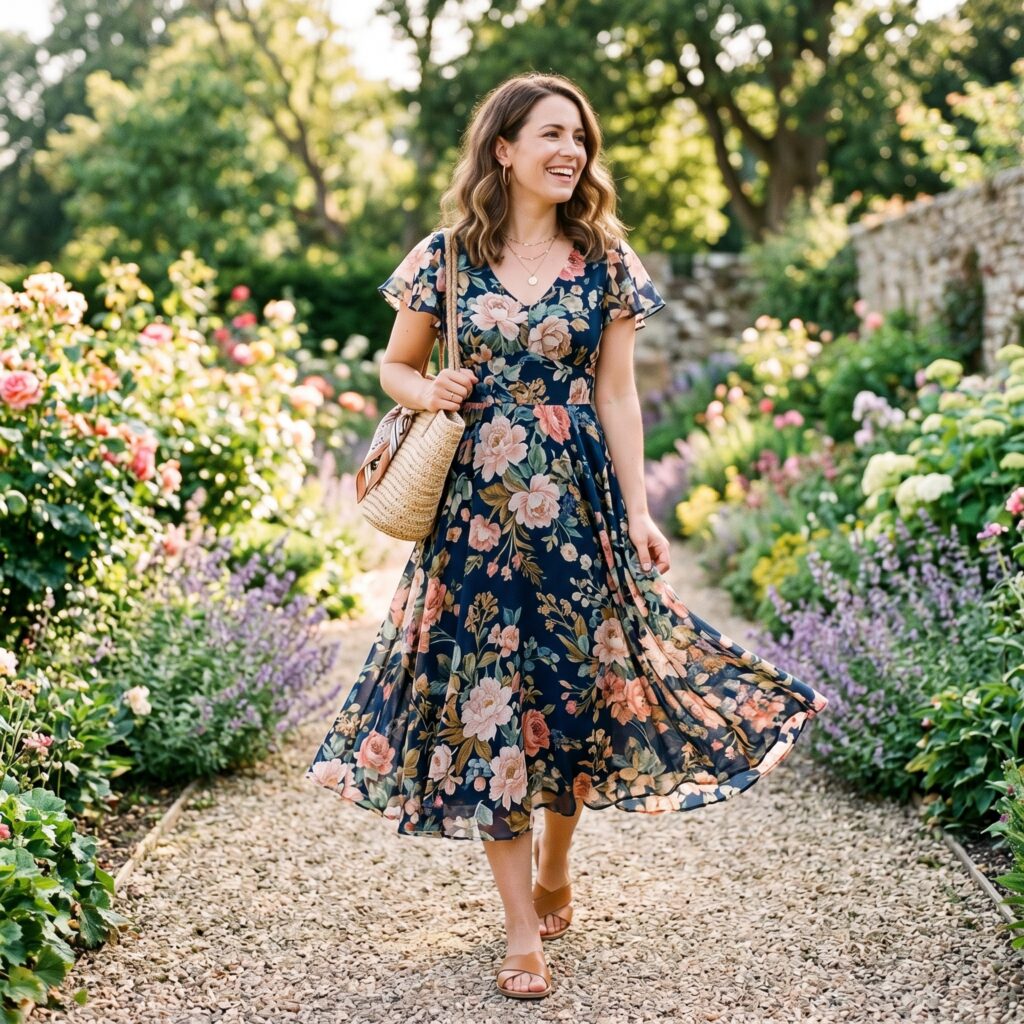 An A-line or fit-and-flare midi dress in a solid colour or floral print. Avoid anything that stretches across the hips — go for fabrics that drape, like chiffon, silk, or jersey.
