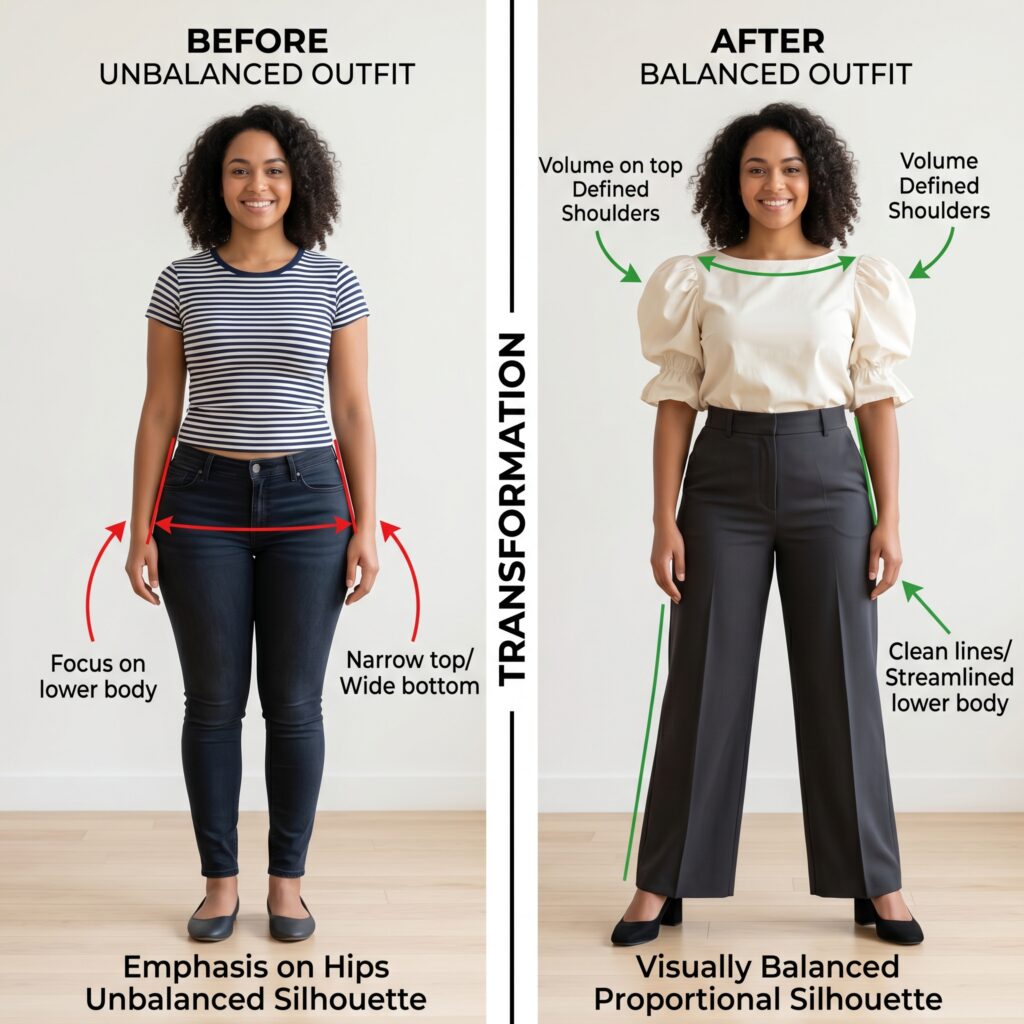 Before-and-after split image of unbalanced vs balanced outfit on pear-shaped woman demonstrating visual balance