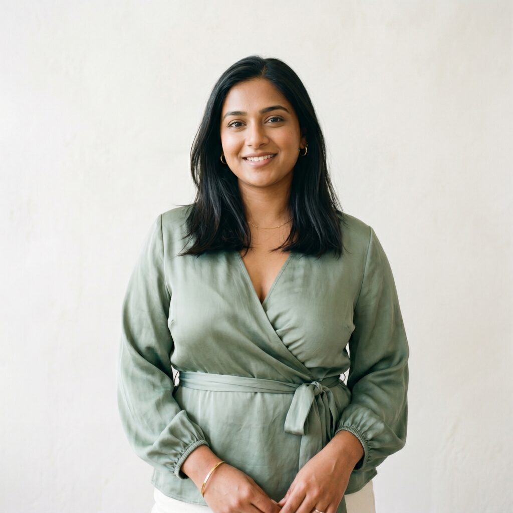 wrap blouse and V-neck on a mid-size woman