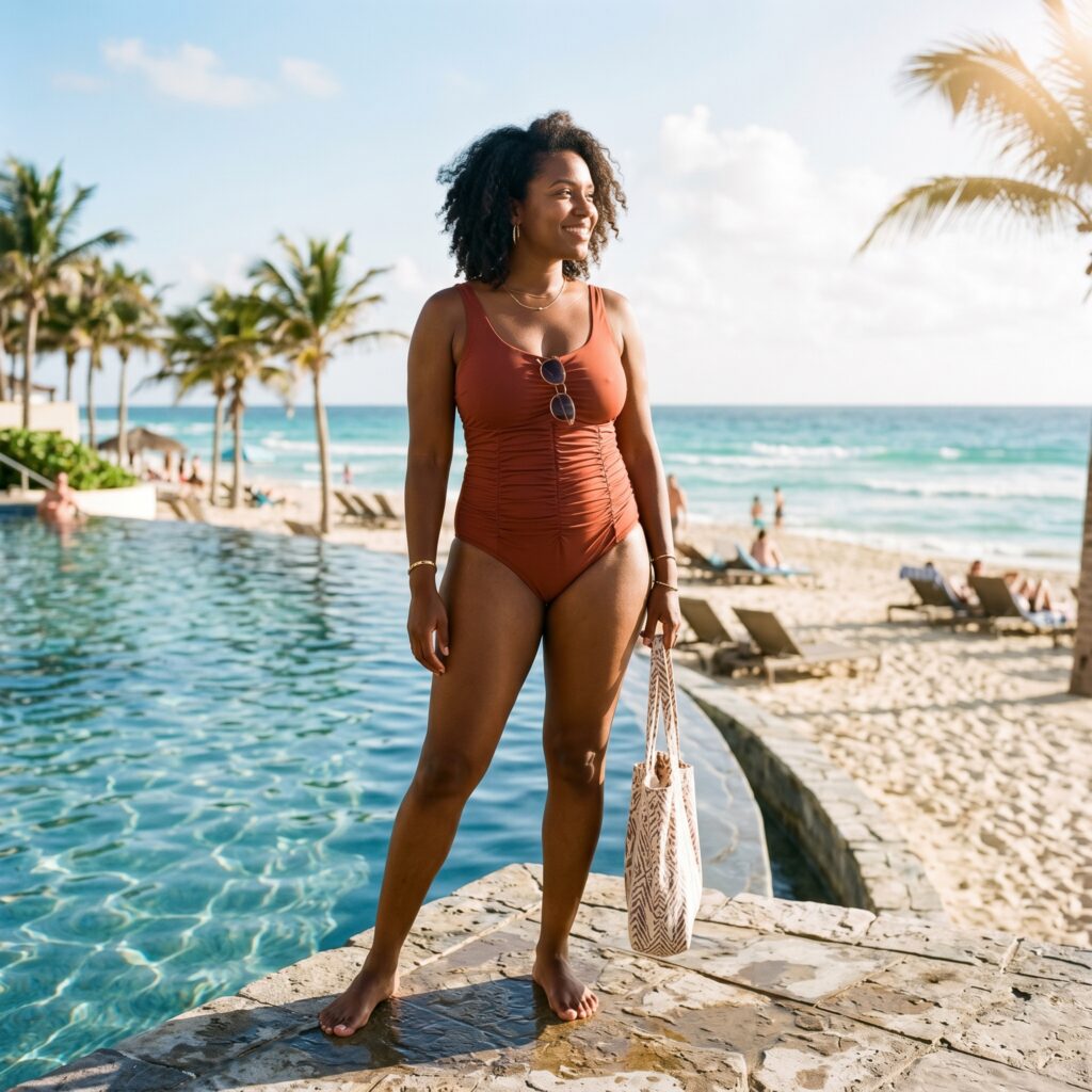 Ruched one-piece swimsuit for apple body shape
