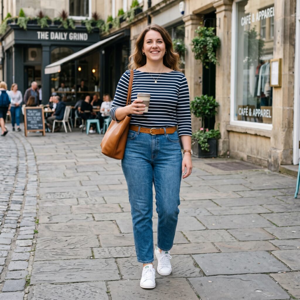 Wide-neck tee (with interesting neckline or print) + straight-leg jeans + white trainers. Clean, balanced, effortless
