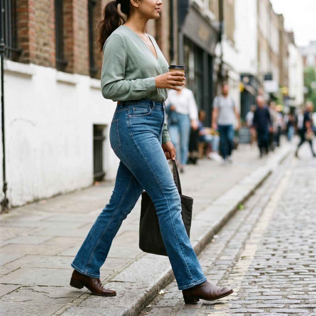 Bootcut high-waisted jeans on apple body shape woman