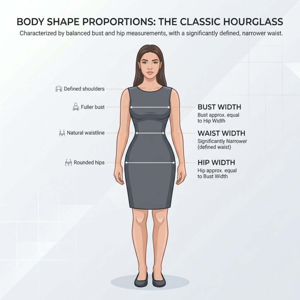 Hourglass Body Shape: Guide, Traits & Style Tips 2 Clean educational illustration style image showing 202606050546