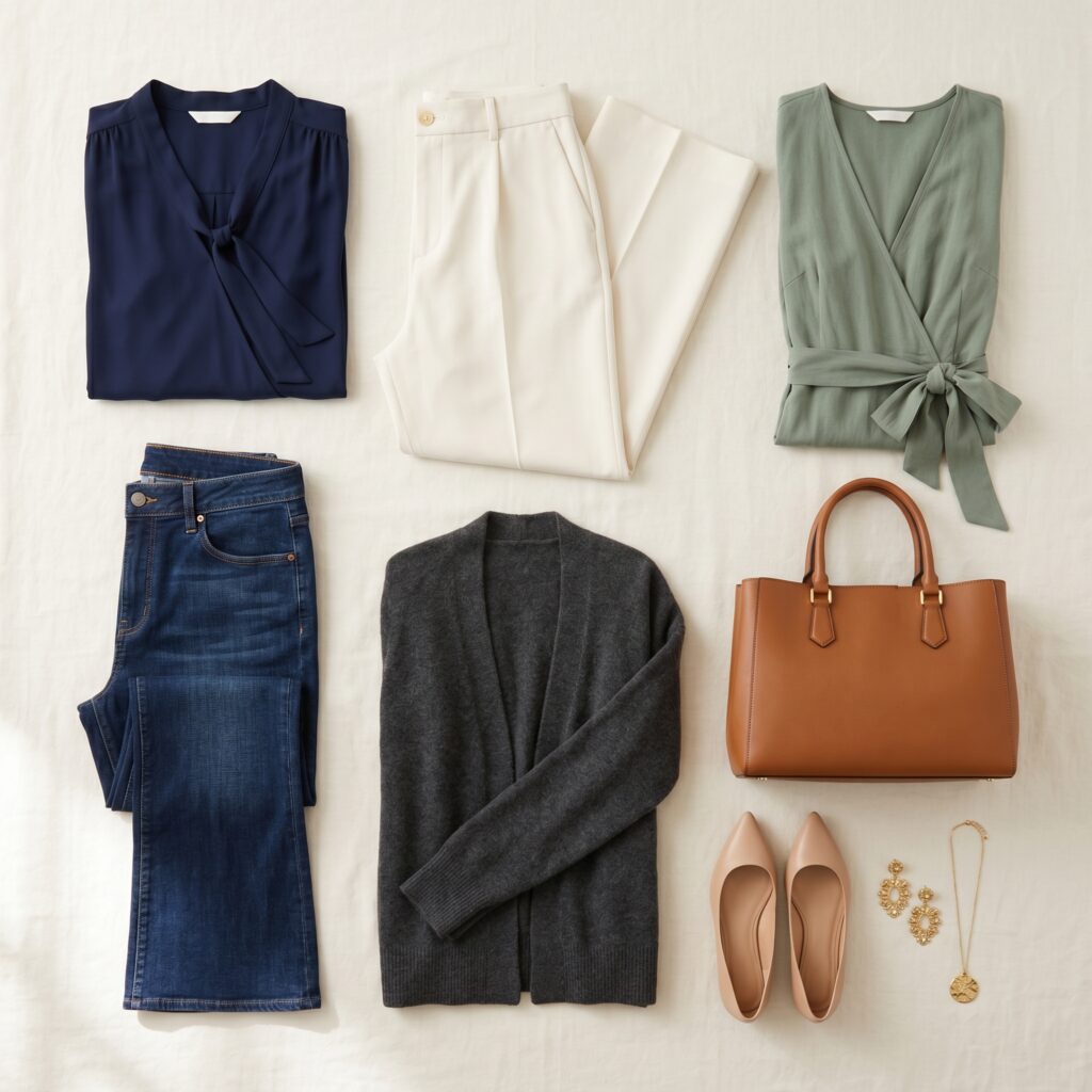 Apple body shape capsule wardrobe essentials laid out flat