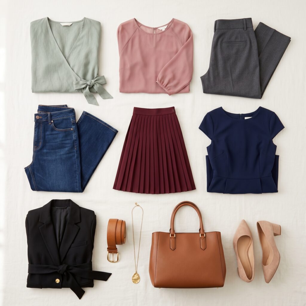 Inverted triangle capsule wardrobe essentials flat-lay