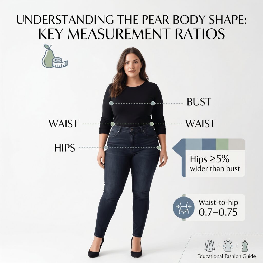 Pear body shape measurement chart showing hip-to-bust and waist-to-hip ratios with measurement lines on a model