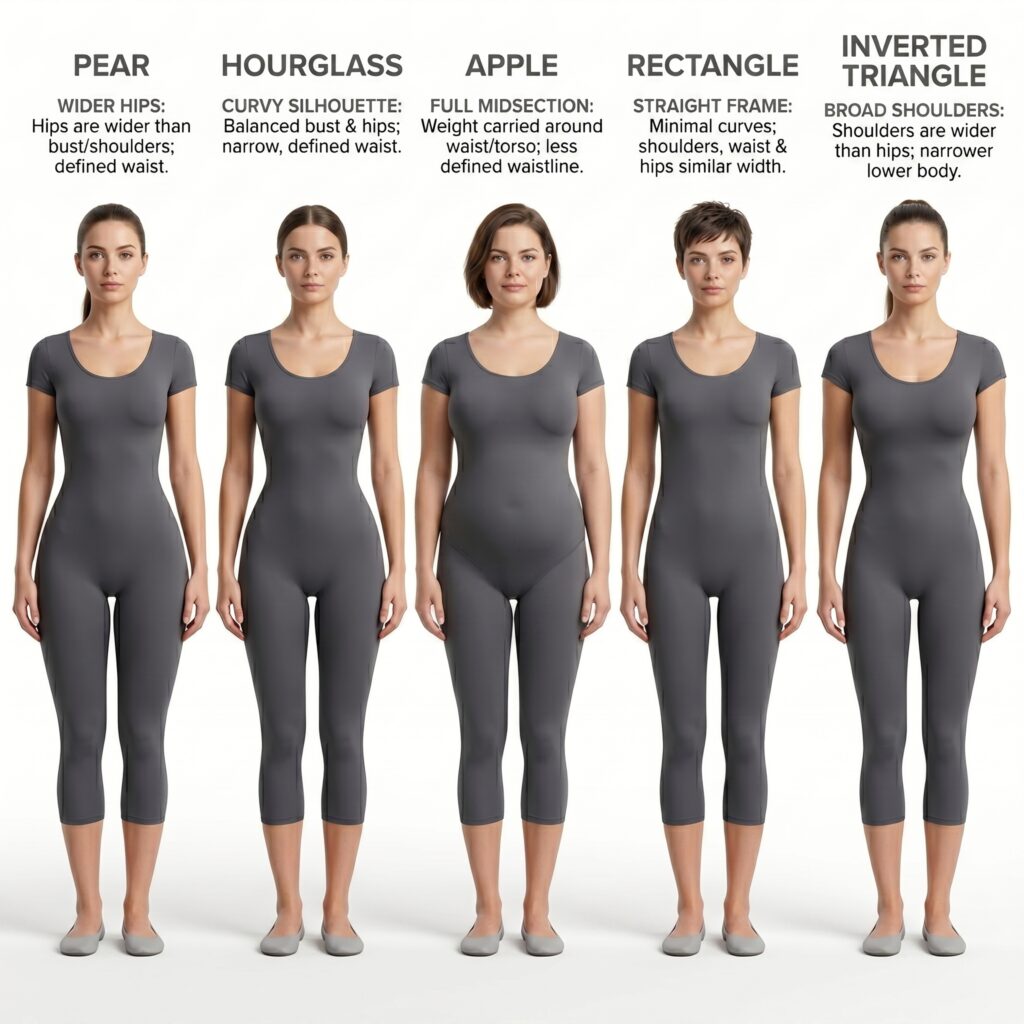 Side-by-side comparison of five female body shapes: pear, hourglass, apple, rectangle, and inverted triangle in neutral bodysuits