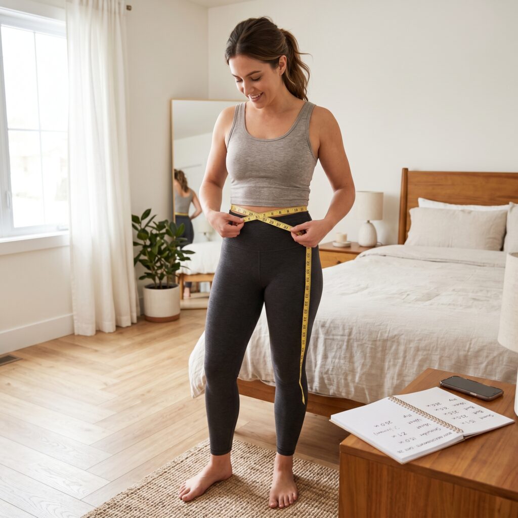 Woman at home using a soft measuring tape to measure her natural waist while following a step-by-step guide to take shoulder, bust, waist, and hip measurements for determining female body shape.