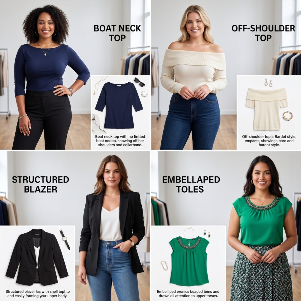 Collage of best tops for pear body shape: boat neck, off-shoulder, structured blazer, and embellished neckline styles