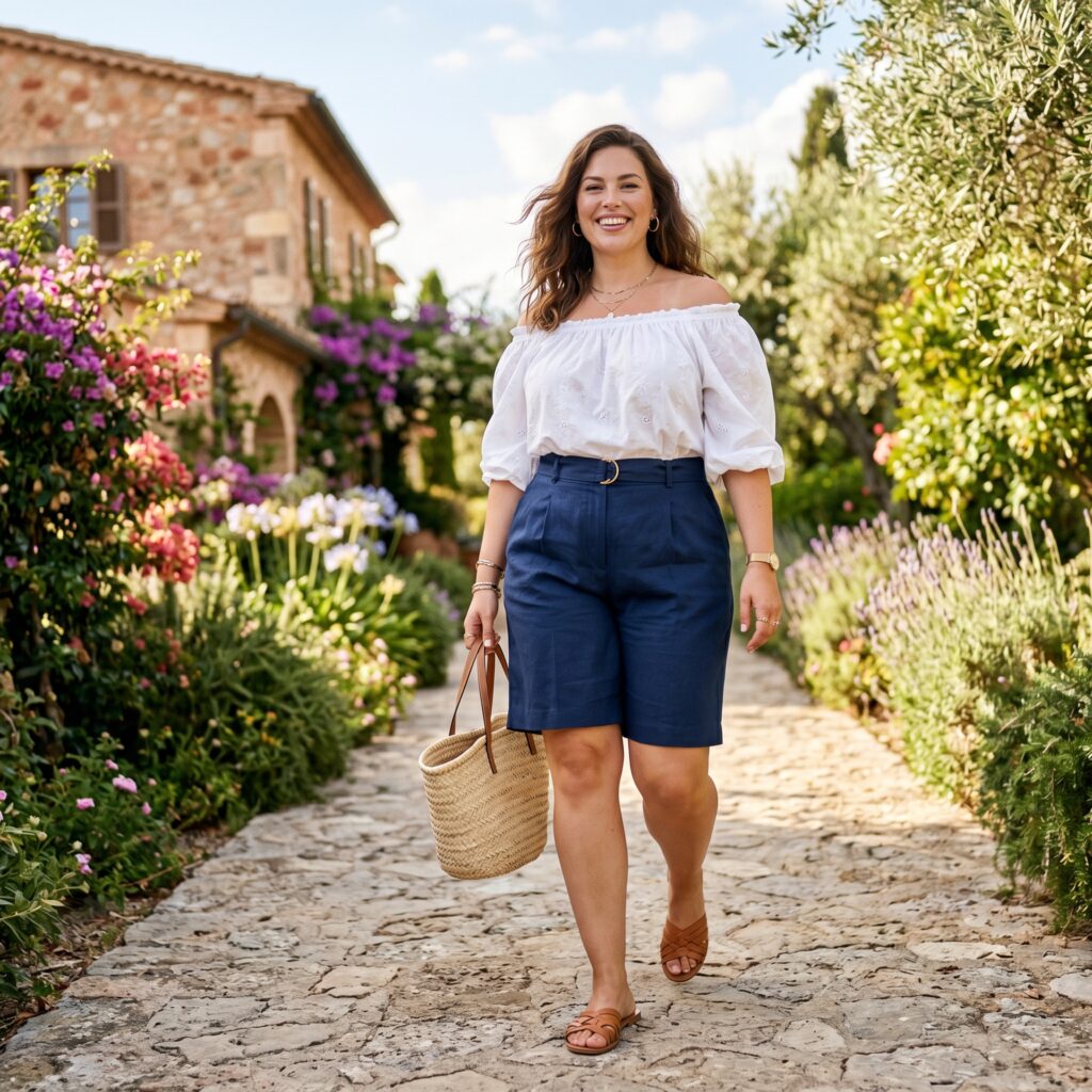Pear-shaped woman wearing flattering high-waisted Bermuda shorts and A-line skort with off-shoulder top
