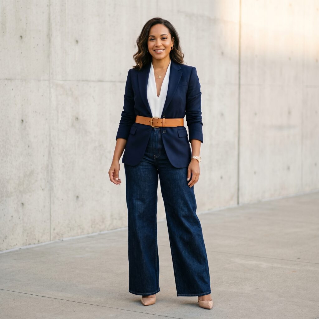 Belted single-breasted blazer for inverted triangle body shape