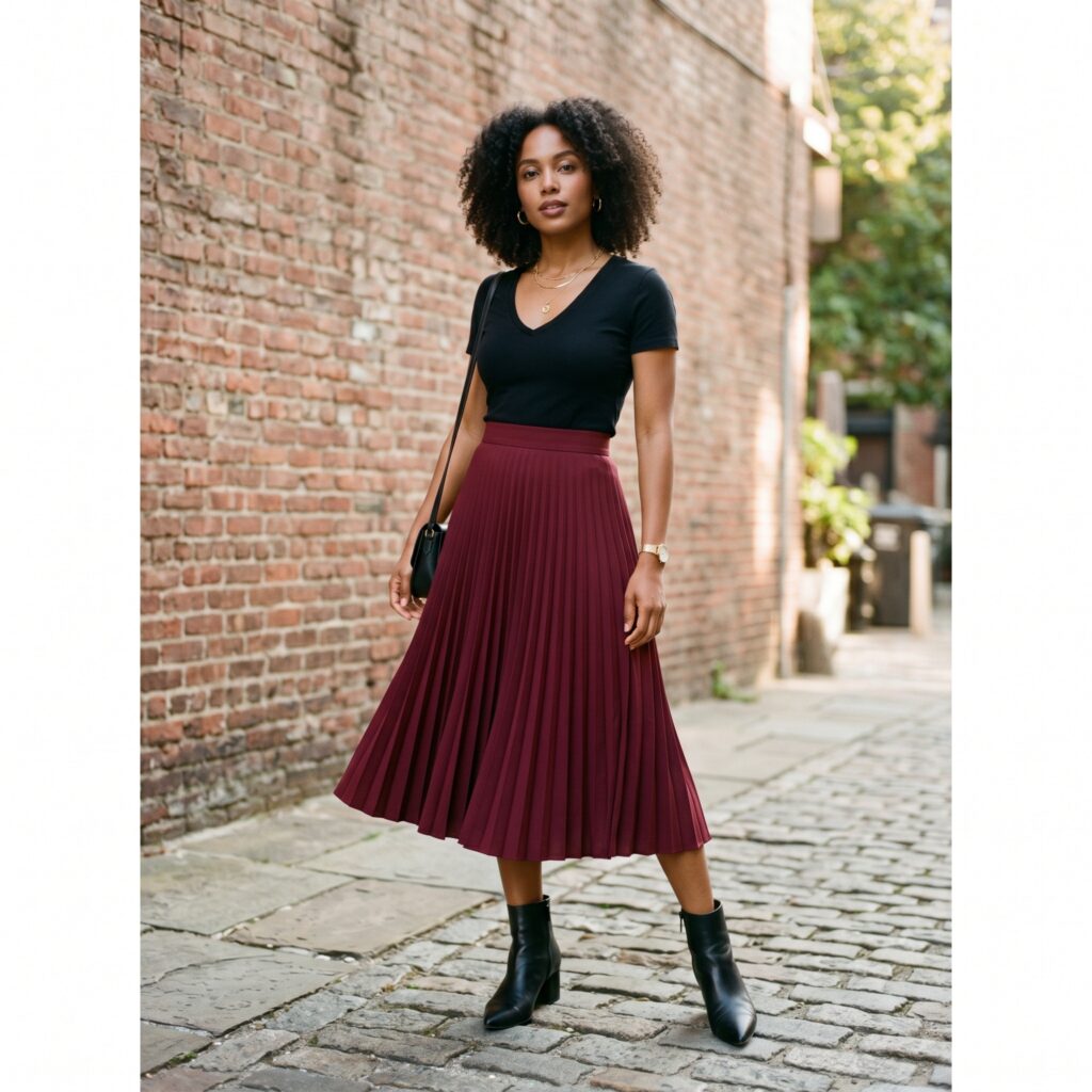 A-line pleated midi skirt for inverted triangle body shape