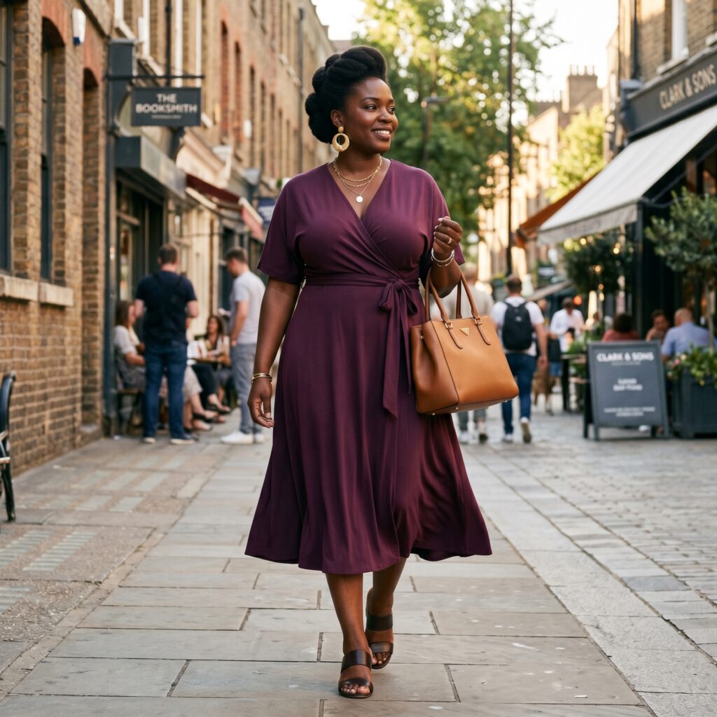 Wrap midi dress on apple body shape woman — most flattering dress style