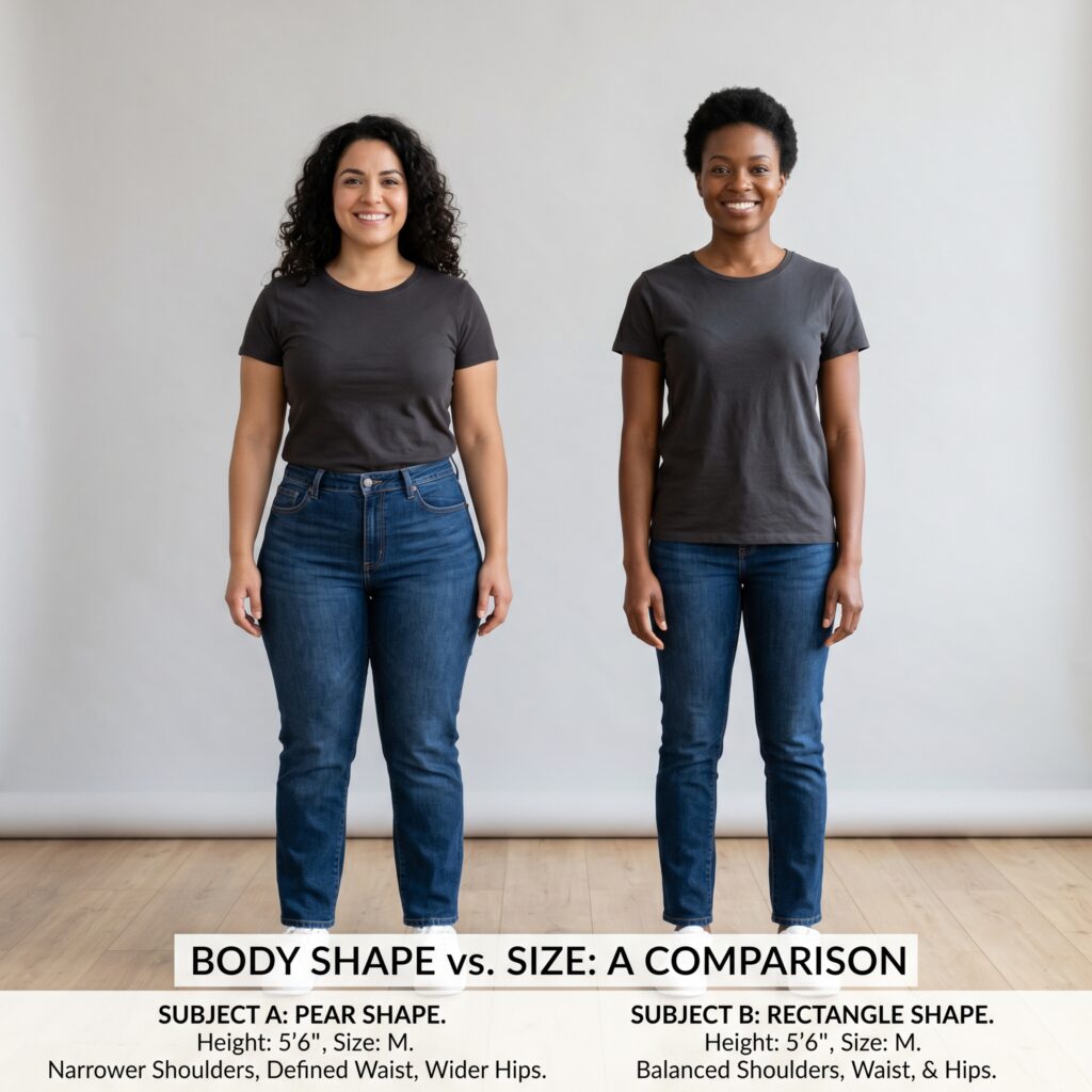 Side-by-side comparison of two women wearing the exact same clothing size but with completely different body shapes — one with pear proportions and one with more balanced proportions — demonstrating that female body shape is about measurements and proportions, not size or weight.