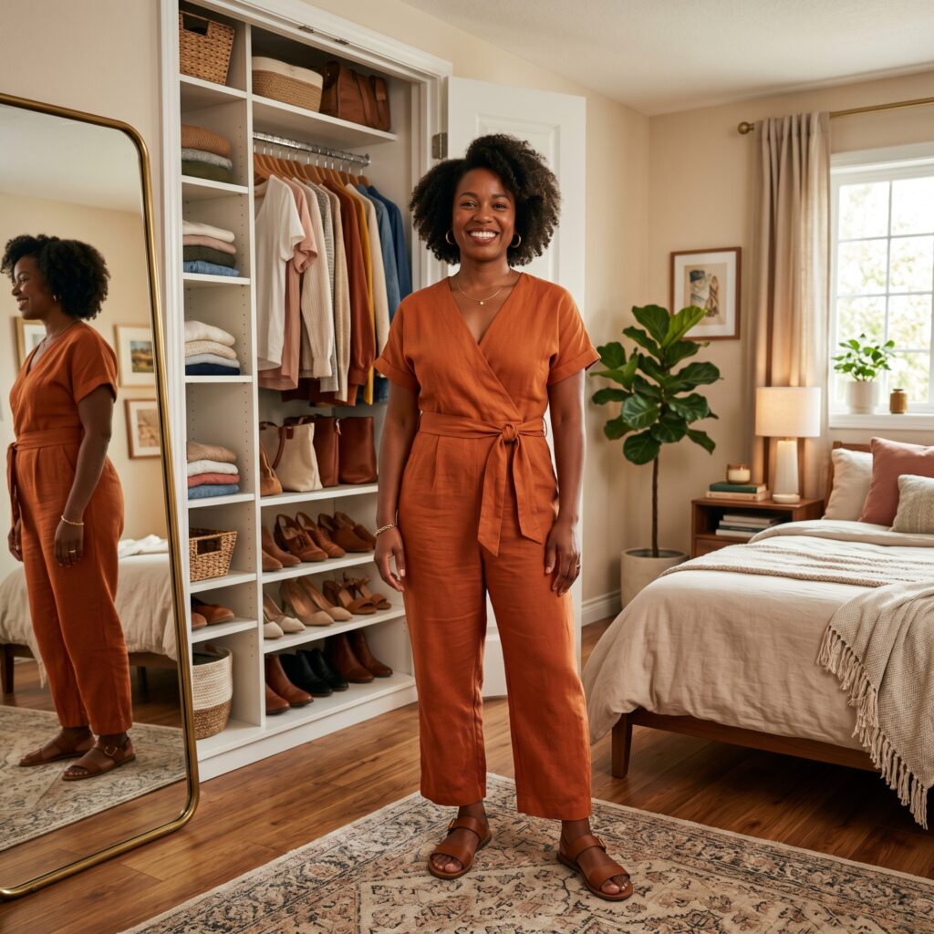 Confident woman standing in front of her wardrobe wearing an outfit that fits her body shape perfectly and feels comfortable, representing the empowerment and ease that comes from understanding your female body shape and proportions.
