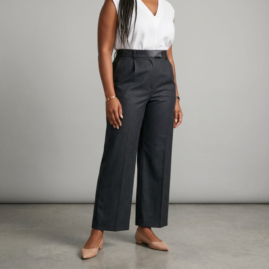 Wide-leg high-waisted trousers on a woman with apple body shape