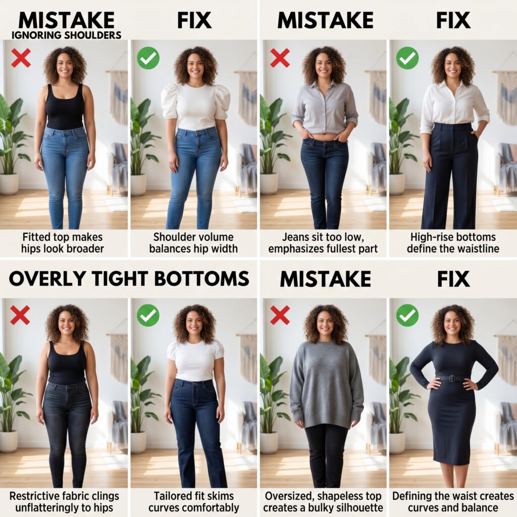 Four-panel collage of common pear body shape styling mistakes and their corrected balanced versions