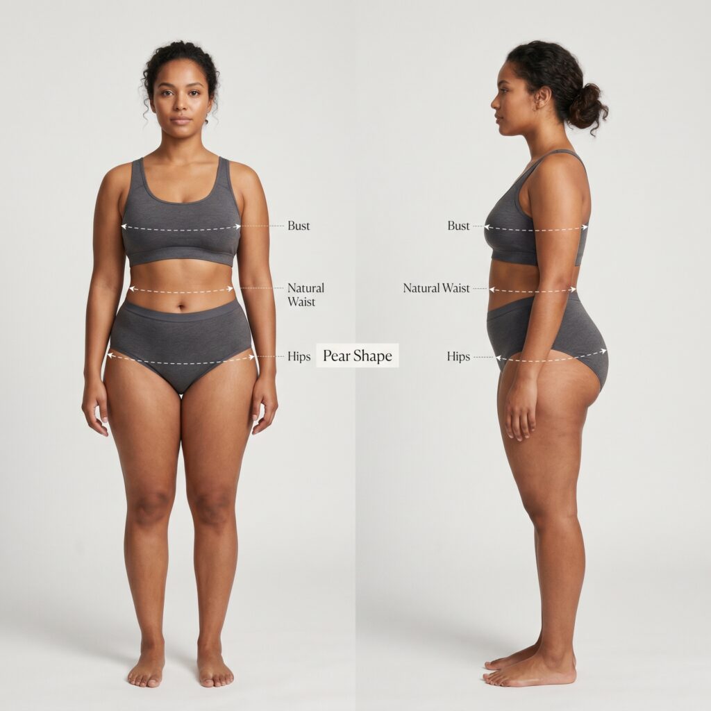 Pear body shape diagram showing narrow shoulders, defined waist, and wider hips on a woman in neutral lingerie, front and side view