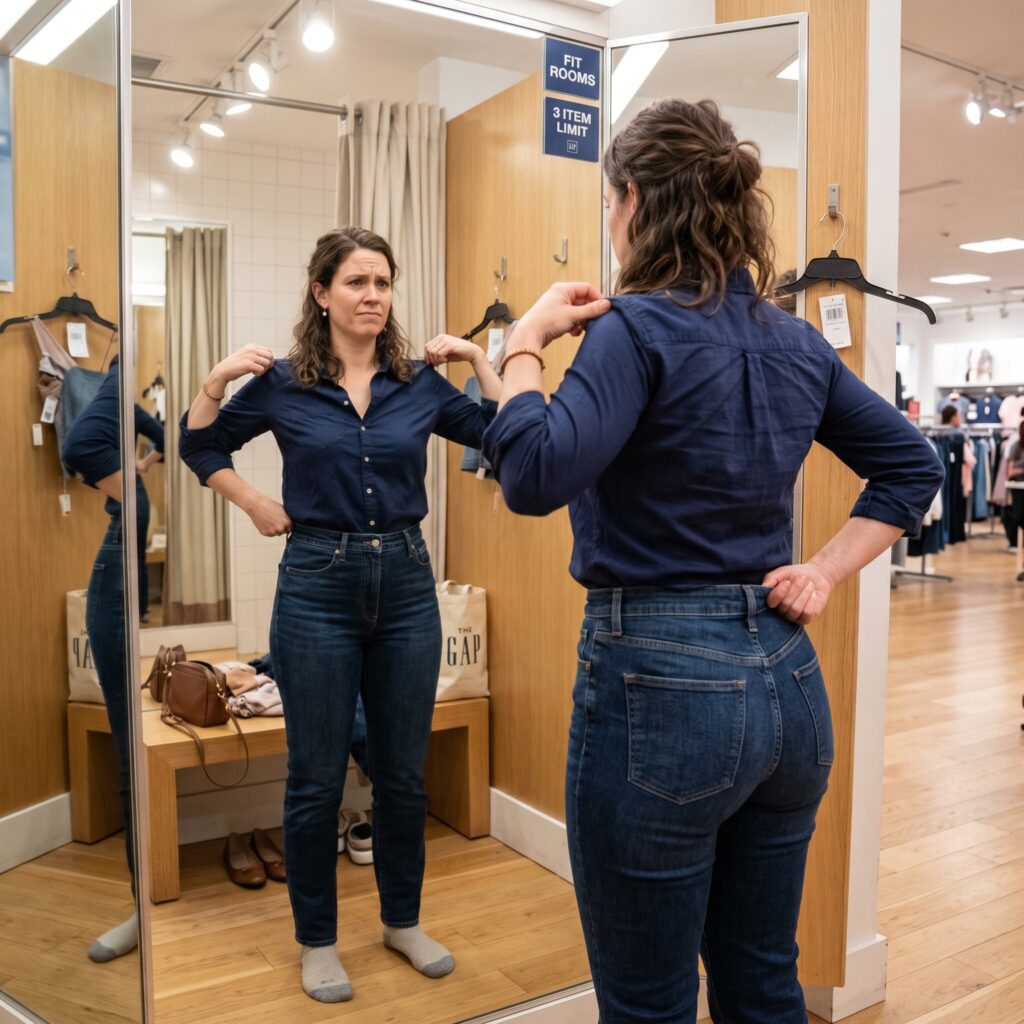 Woman in a fitting room adjusting a top that pulls across the shoulders and jeans that gap at the waist, showing common fit issues caused by clothing cut for different body proportions rather than her own female body shape.