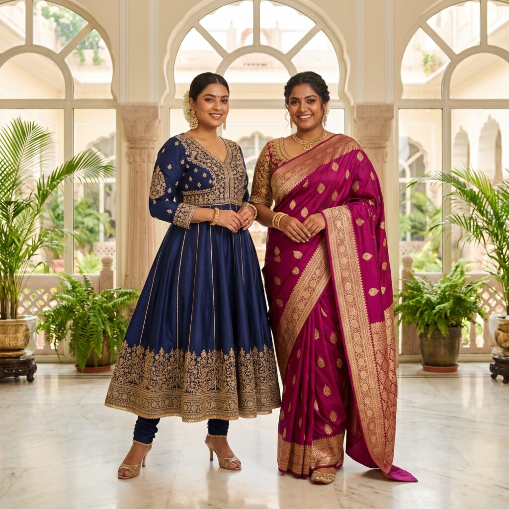 Indian ethnic wear for apple body shape — anarkali suit and saree styles